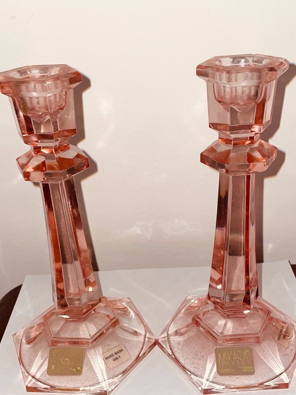 Mikasa-pink crystal-vintage pair-jewelstone candle holders-made in Austria